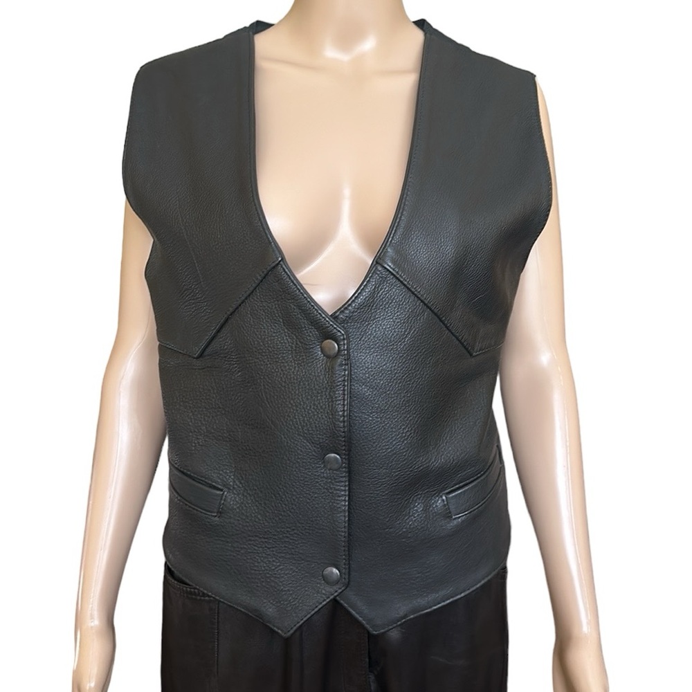 Vintage Black Genuine Leather Biker Vest Size M/L